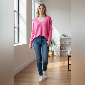 CRUSH 100% Cashmere V-Neck Sweater Super Soft Barbie Pink Sz. 1 Luxury Soft Cozy